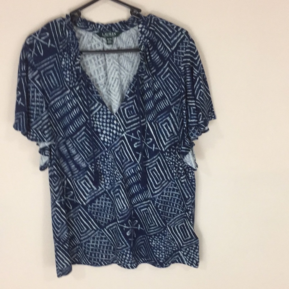 Lauren Ralph Lauren Blue Linen Blend Tribal Print Short Sleeve Peasant Top XL